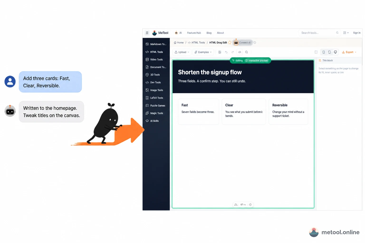 Chat on the left, MeTool HTML page on the right showing three trait cards