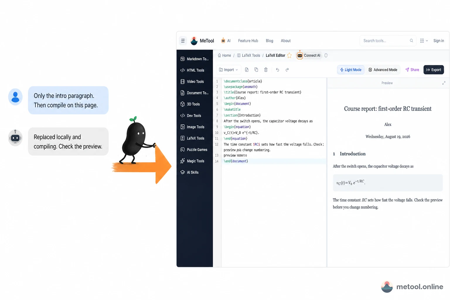 Chat on the left, MeTool LaTeX page on the right showing the preview