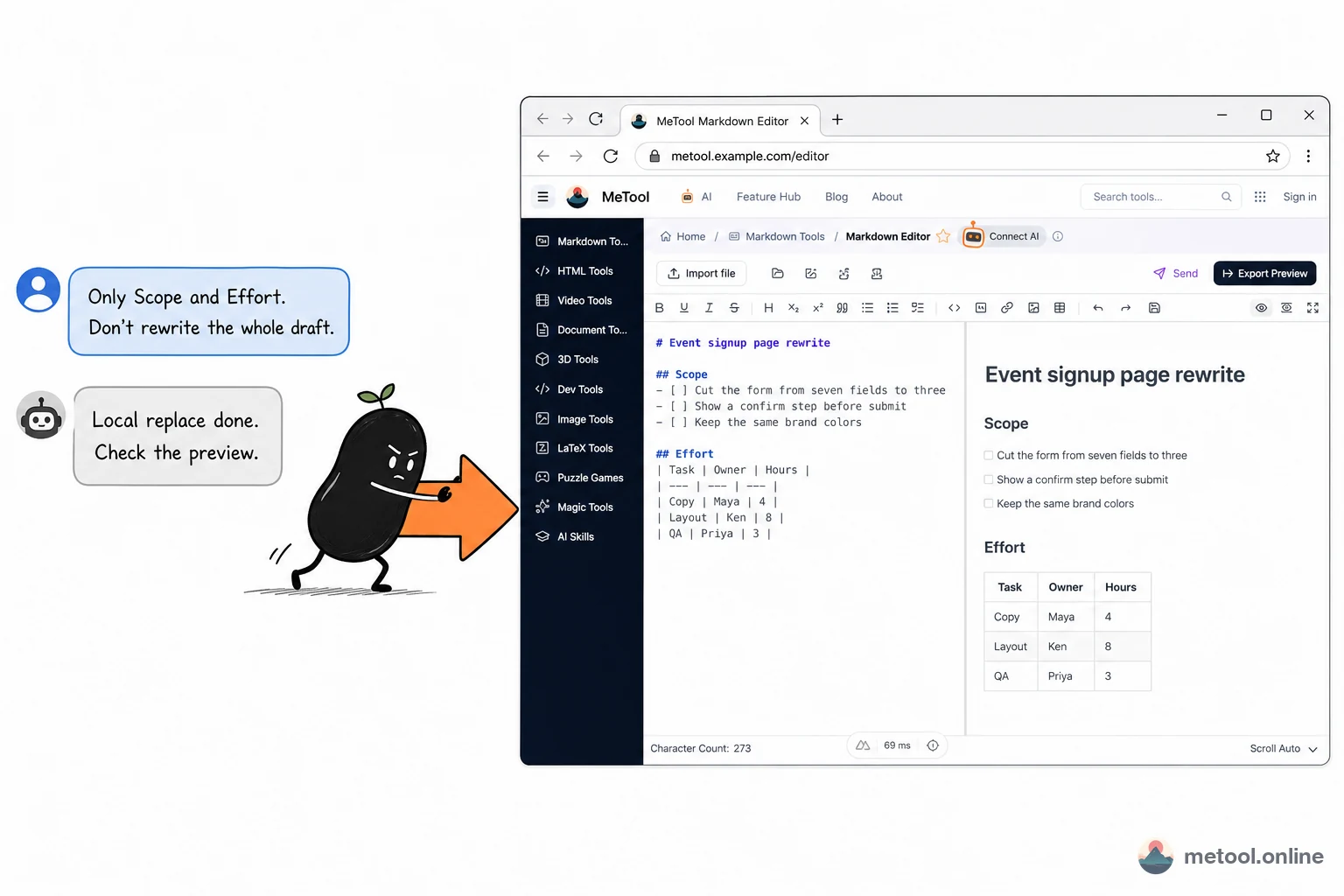 Chat on the left, MeTool Markdown page on the right showing the rendered layout
