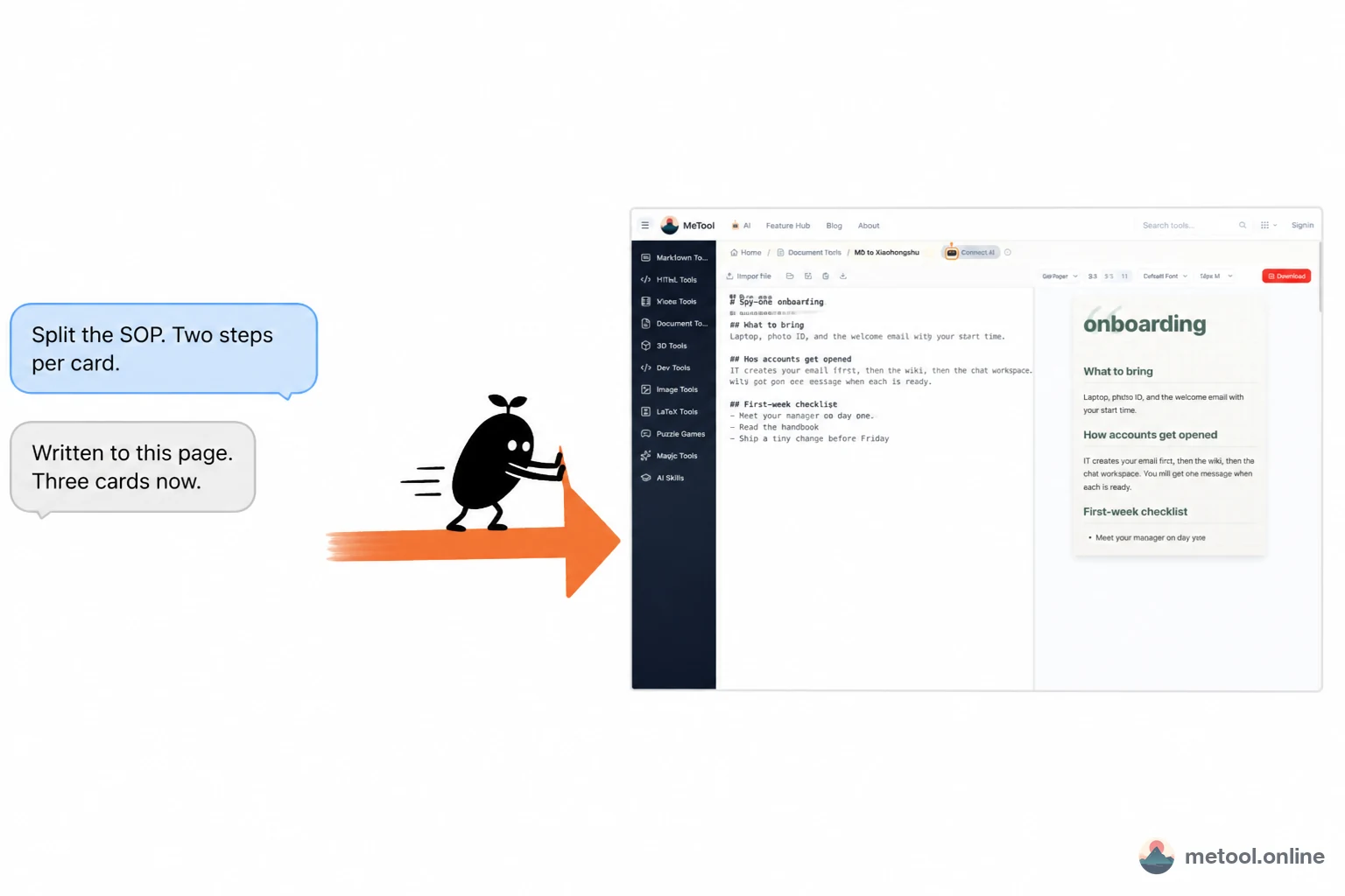 Chat on the left, MeTool knowledge-card page on the right showing the split cards