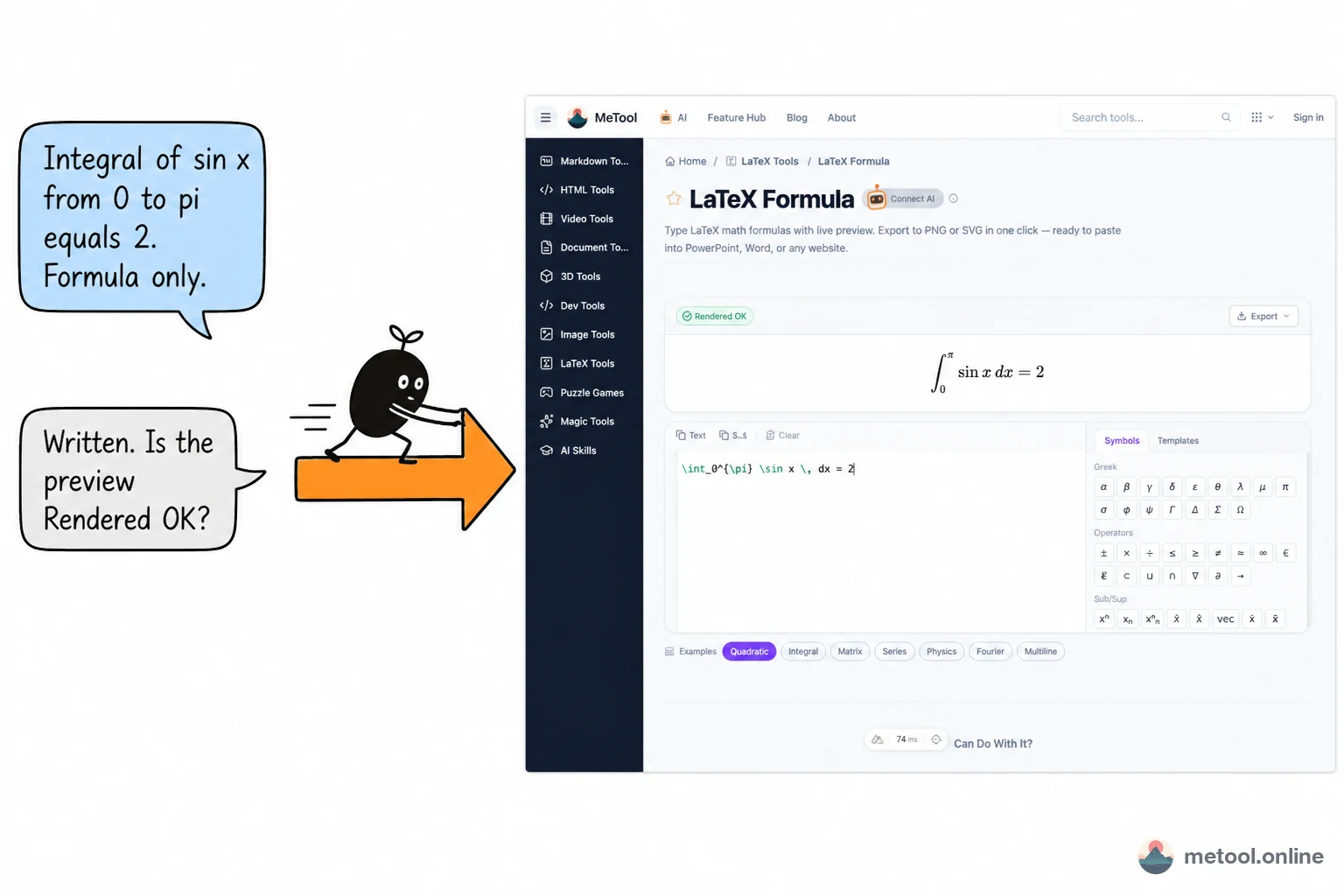 Chat on the left, MeTool formula page on the right showing the integral preview
