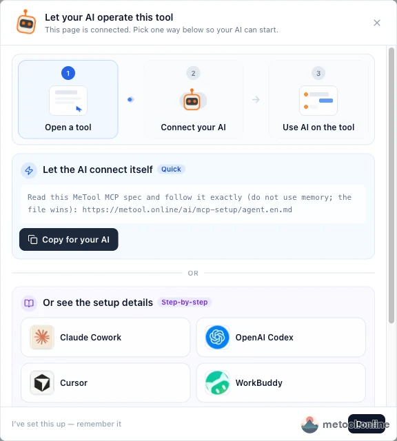 Dialog after a successful page connect: Copy for your AI, plus assistant guides