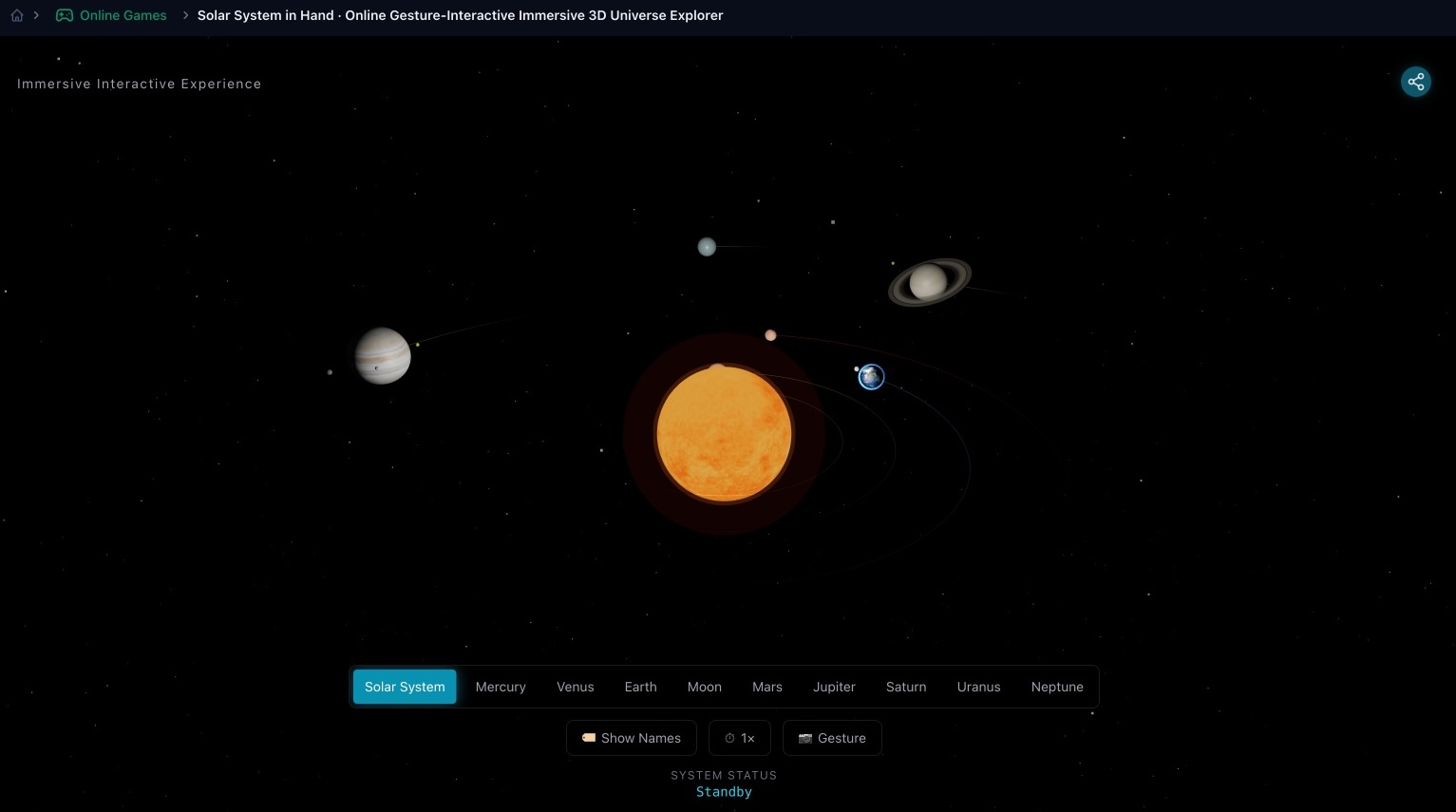 3D solar system panorama: the eight planets orbit the Sun along their own paths, with planet tabs and a time-speed control at the bottom