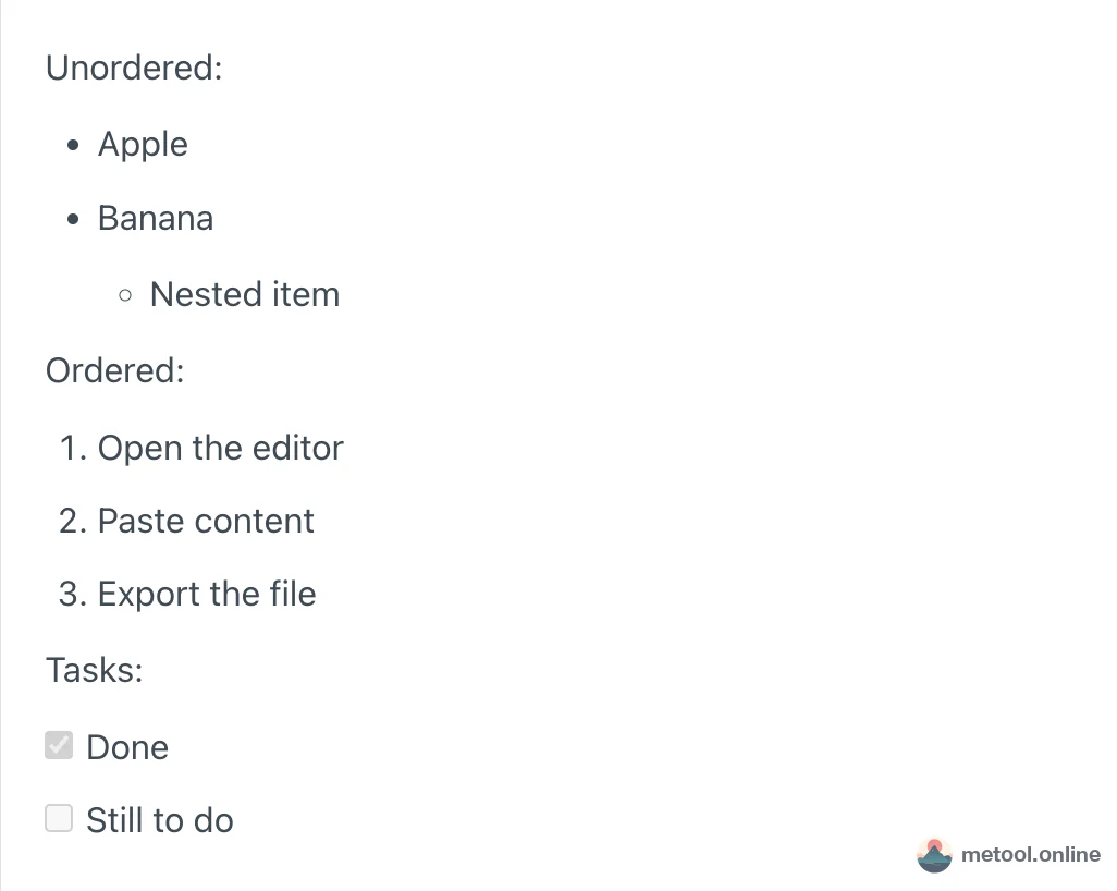 Rendered unordered, ordered, and task lists