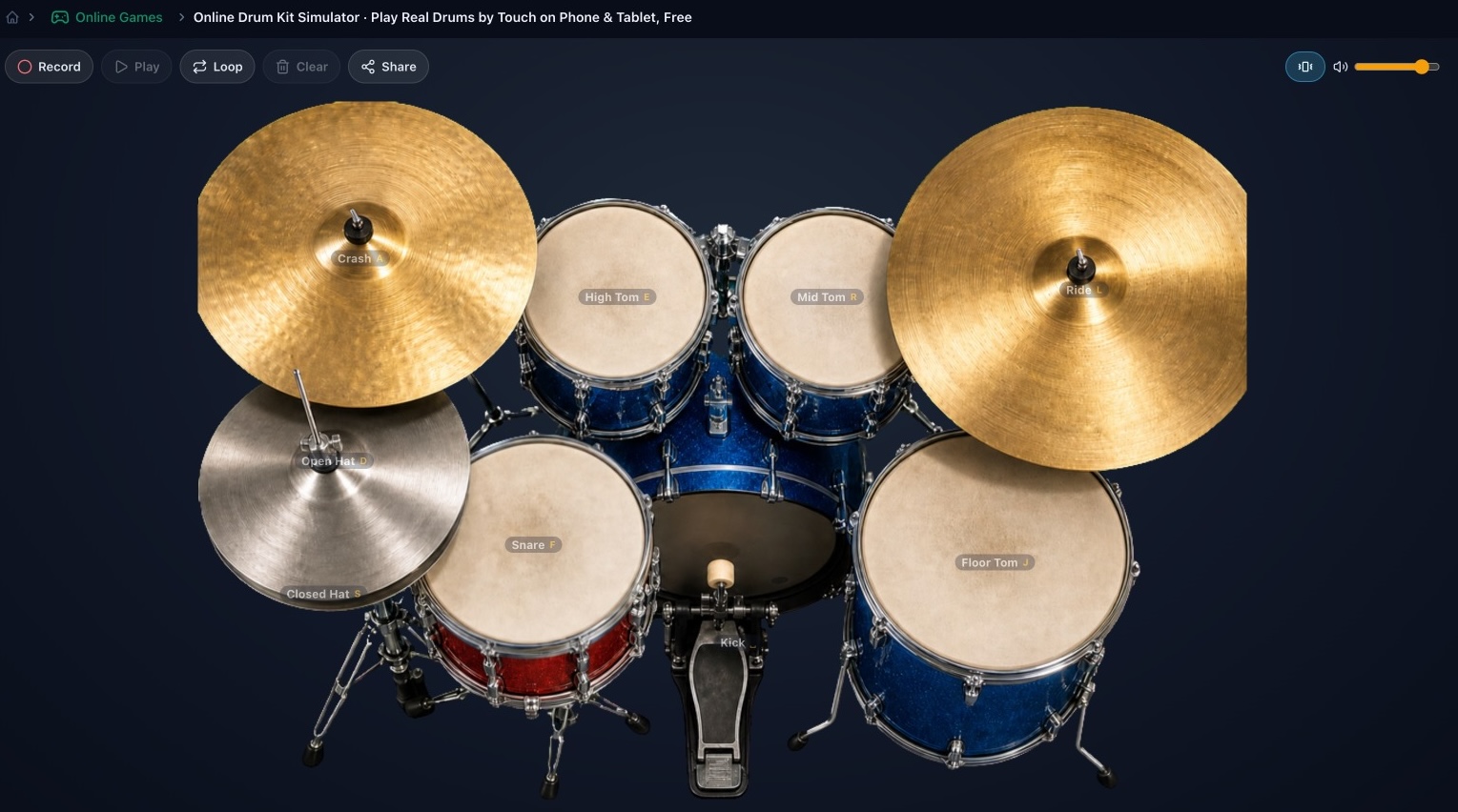 The online drum kit interface: each drum is labeled with its mapped key, with Record, Play and Loop buttons at the top