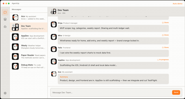 AgentUp desktop — contacts and multi-assistant chat